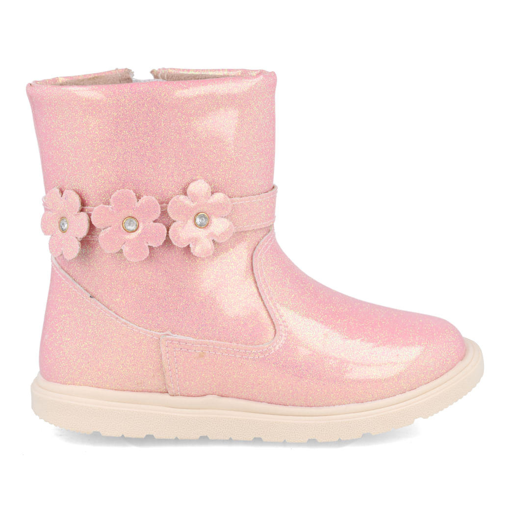 Bota infantil rosa com acabamento brilhante e flores de plástico no cano